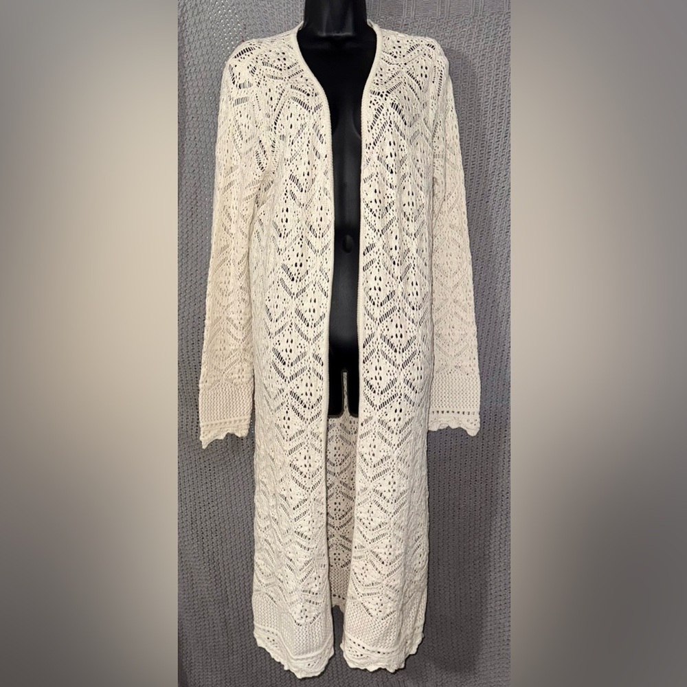 Freshman 1996 Ivory Crochet Knit Duster Cardigan Boho Longline Sweater - Size XL